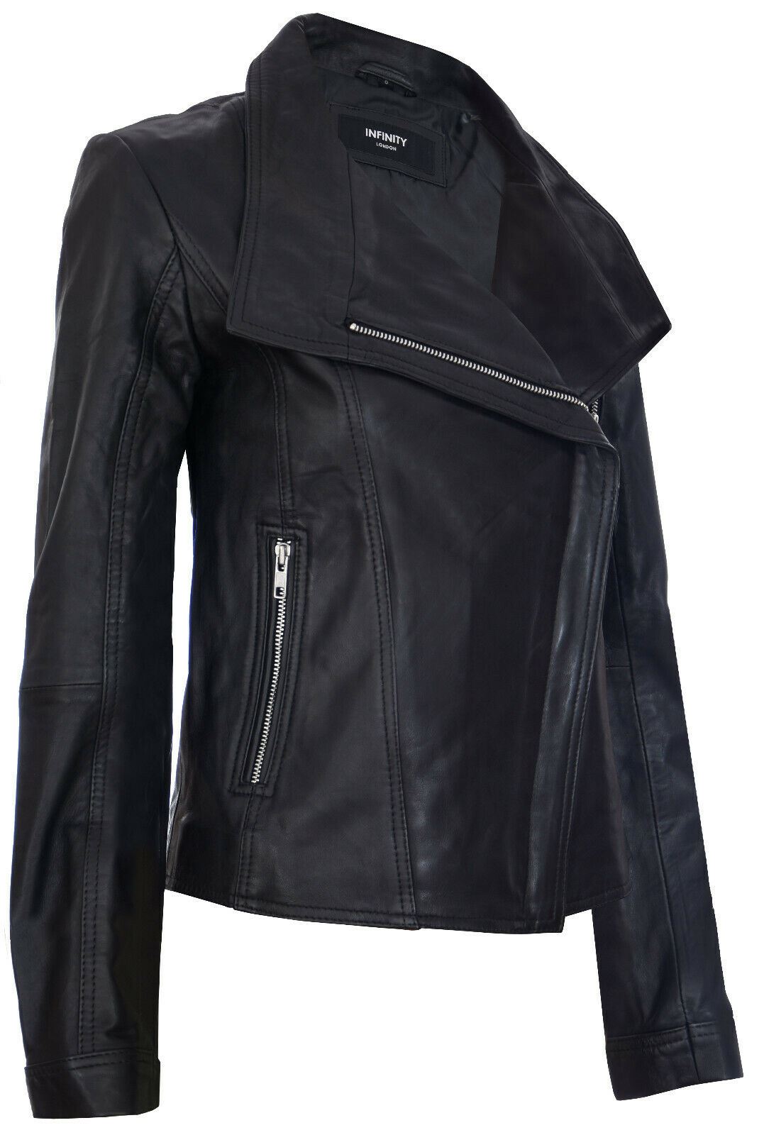 Womens Classic Leather Shawl Wrap Biker Jacket - Morpeth - Image 2