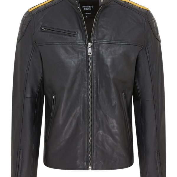 Men's Classic Quilted Black Yellow Leather Biker Jacket - Meridian