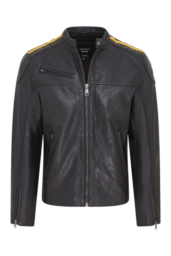 Men's Classic Quilted Black Yellow Leather Biker Jacket - Meridian