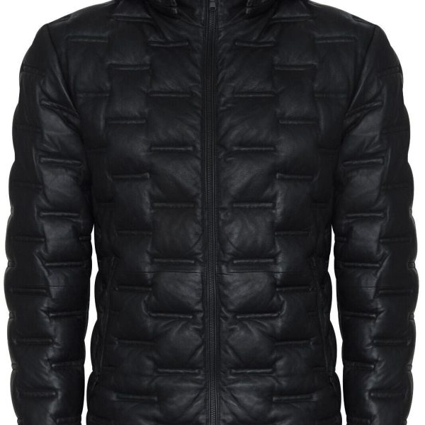 Mens Hooded Puffer Leather Bomber Jacket - Tadley