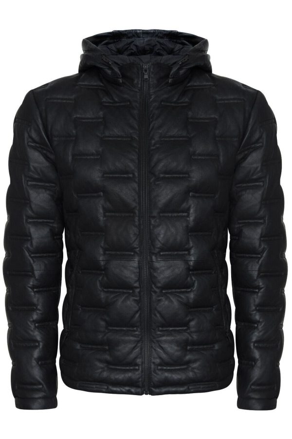 Mens Hooded Puffer Leather Bomber Jacket - Tadley