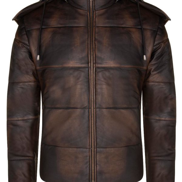 Mens Hooded Puffer Leather Bomber Jacket-Corbridge