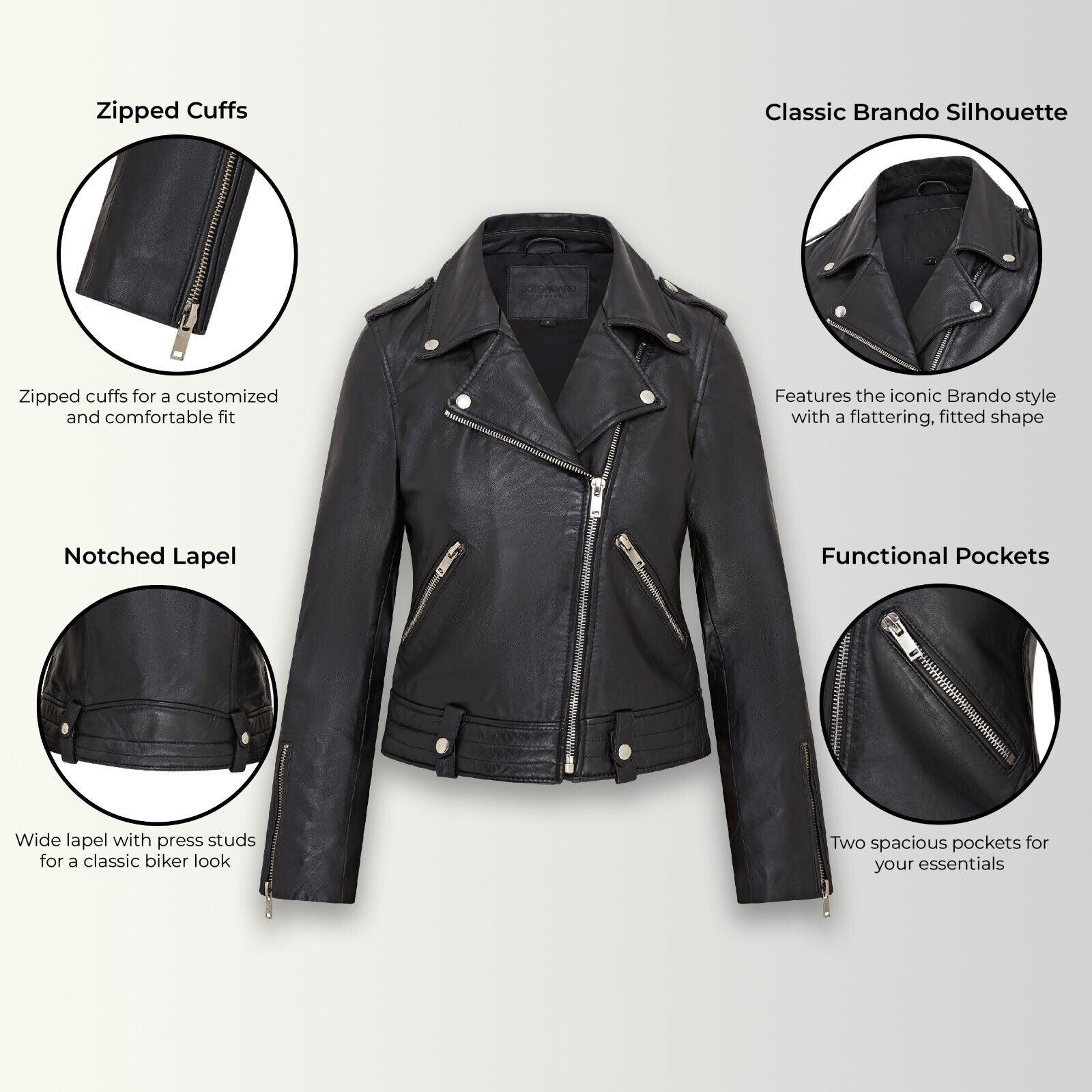 Womens Black Leather Brando Jacket - Washington - Image 2