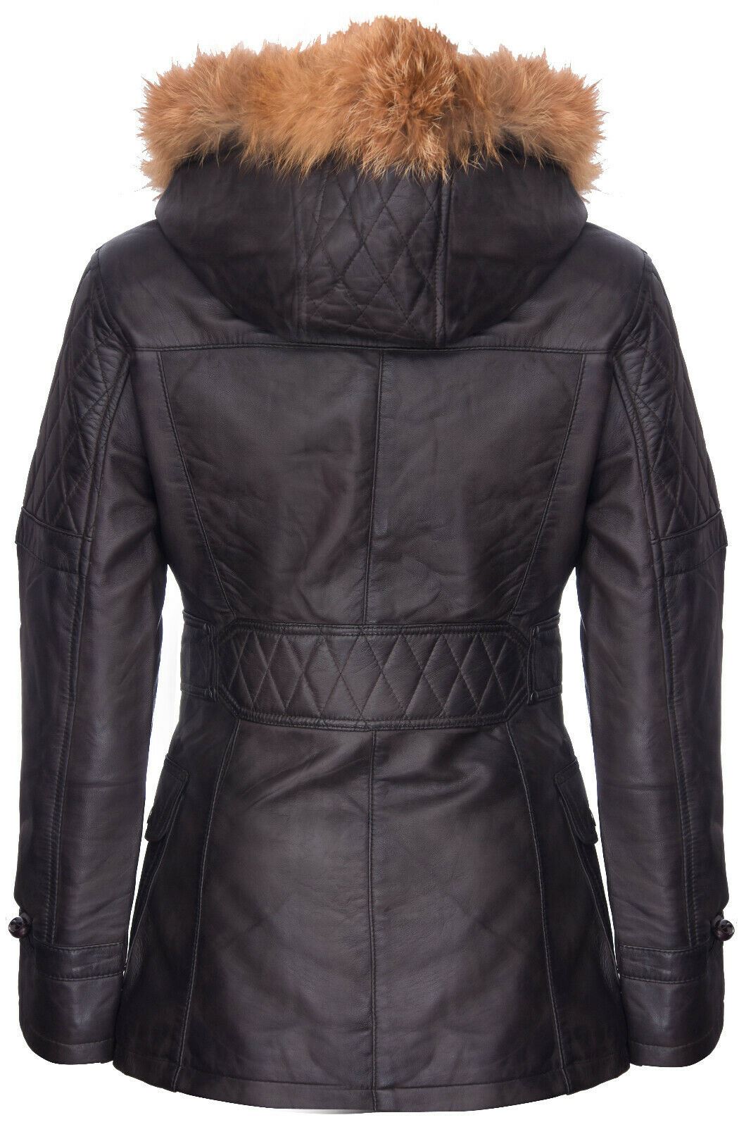 Womens Quilted Leather Hooded Parka Jacket-Northampton - Image 7