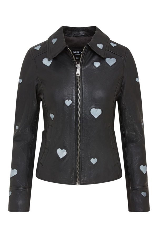 Women's Black Leather Hearts Biker Jacket  - Wynyard