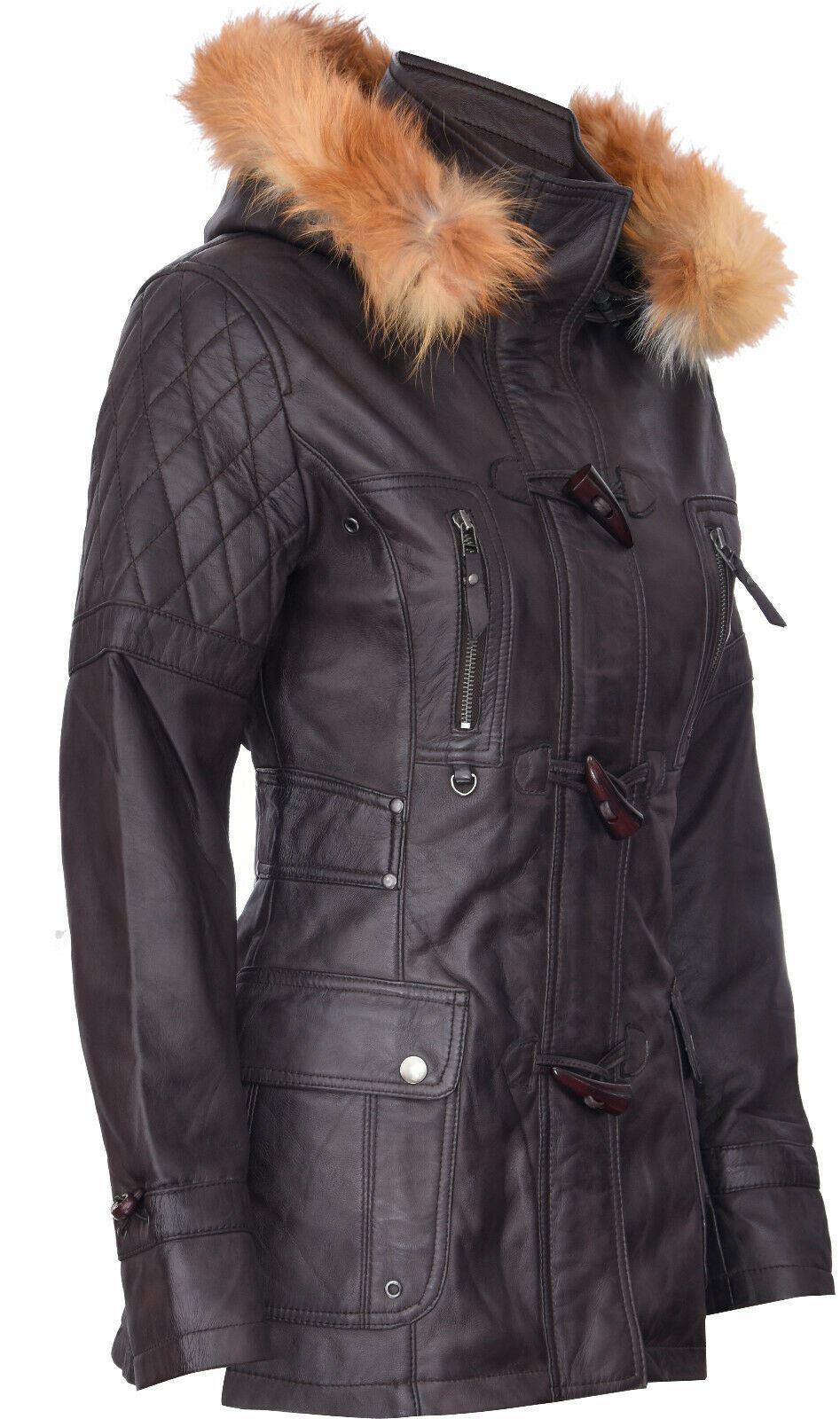 Womens Quilted Leather Hooded Parka Jacket-Northampton - Image 6