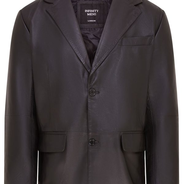 Menâs 2 Button Black Leather Blazer Jacket - Bergen