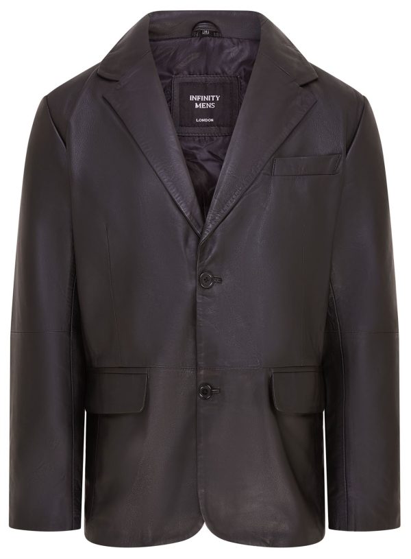 Men's 2 Button Black Leather Blazer Jacket - Bergen