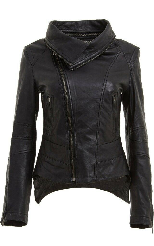 Womens Snap-off collar Leather Biker Jacket-Maidstone