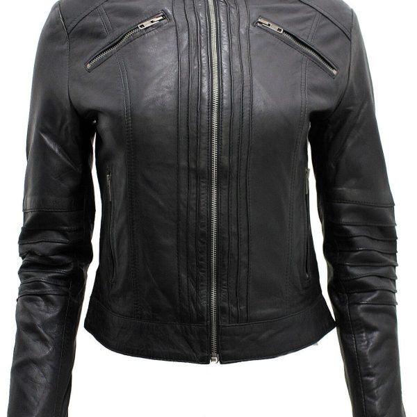 Womens Pleated Design Leather Biker Jacket-Middleham