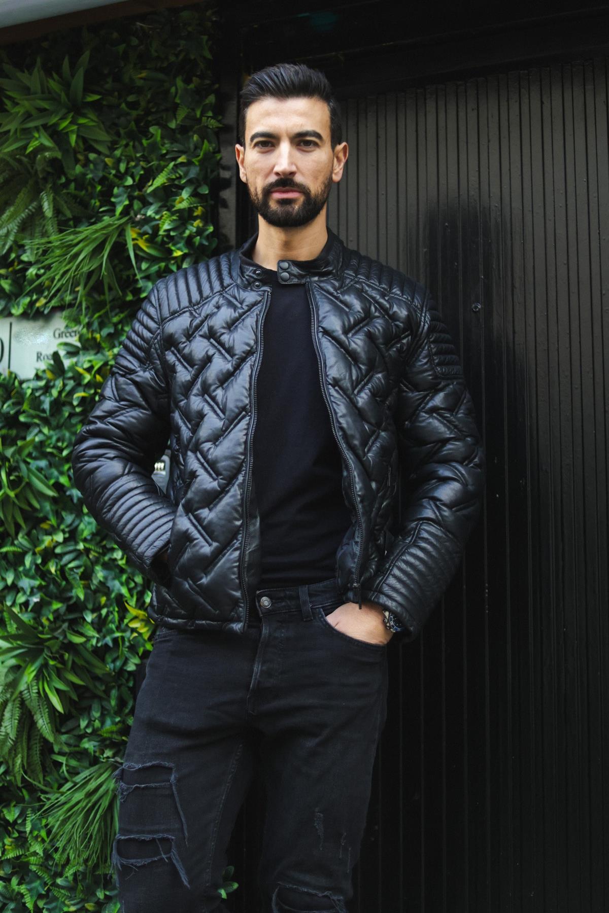 Mens Black Puffer Leather Biker Jacket - Tilbury - Image 7