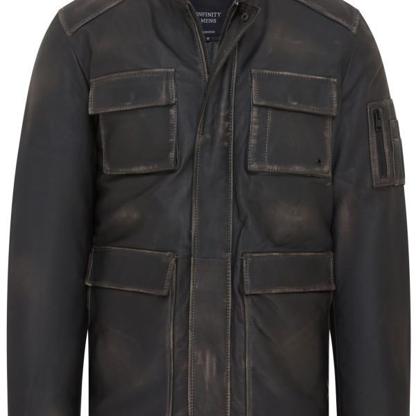 Mens Vintage Black Leather Safari Parka Jacket - Fagernes