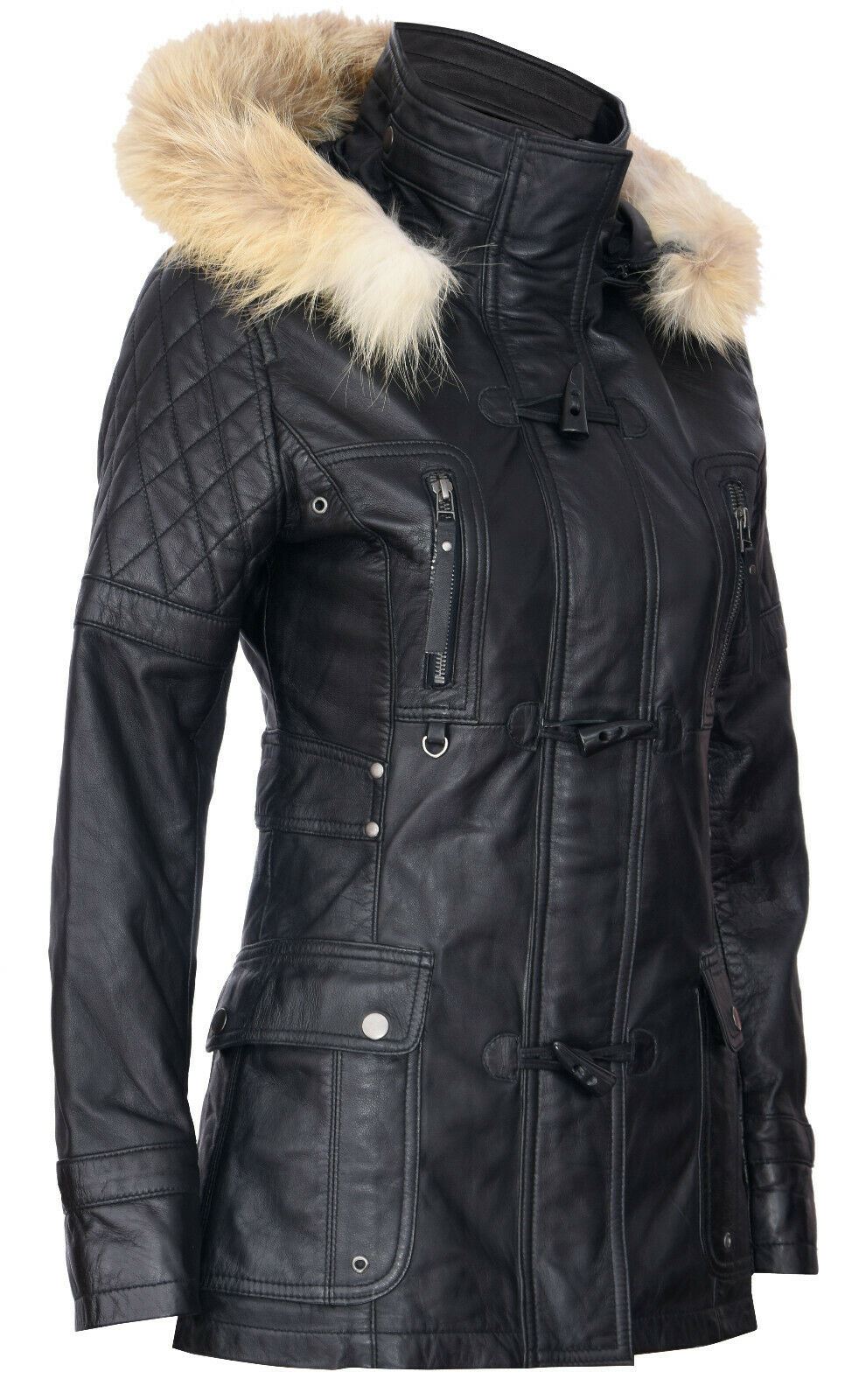 Womens Quilted Leather Hooded Parka Jacket-Northampton - Image 10