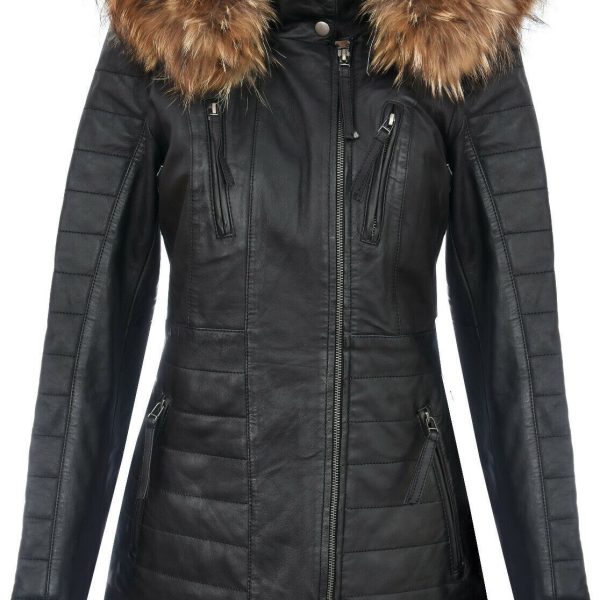 Womens Slim Fit  Leather Hooded Parka Jacket-Northam