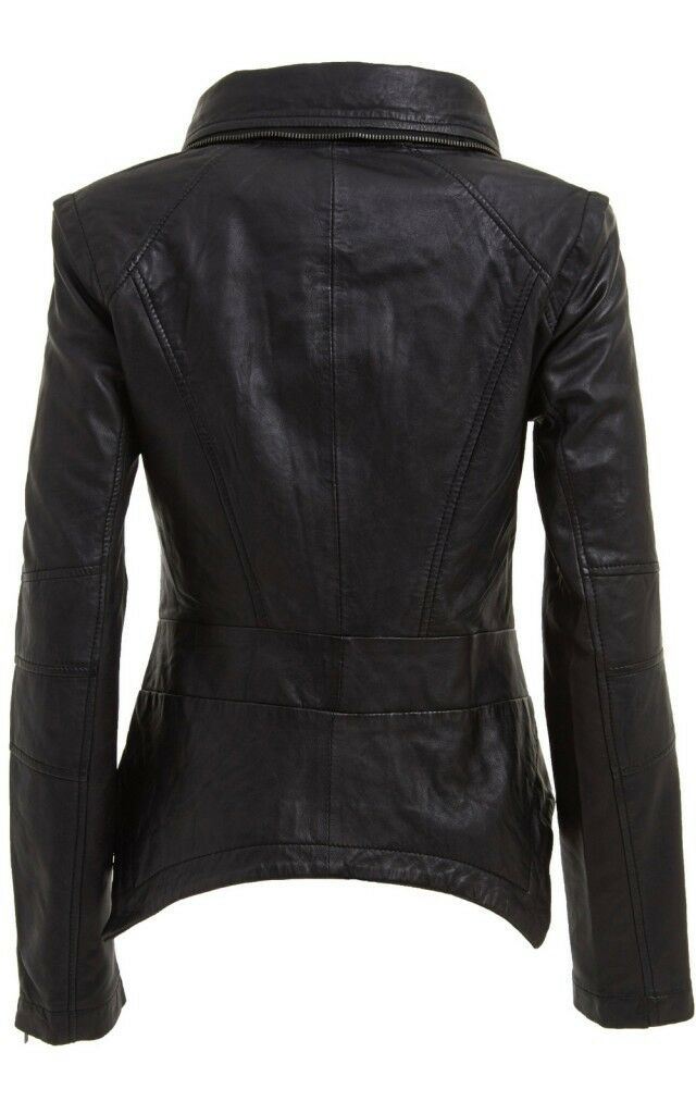 Womens Snap-off collar Leather Biker Jacket-Maidstone - Image 4