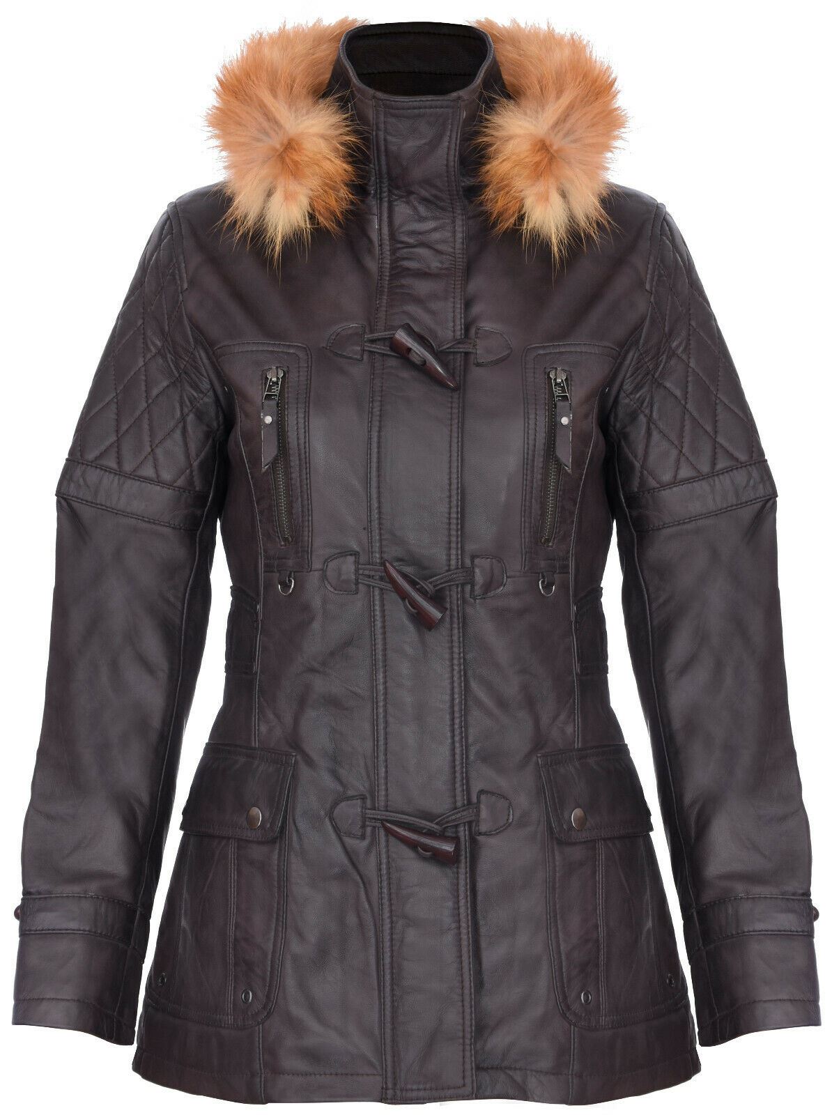 Womens Quilted Leather Hooded Parka Jacket-Northampton - Image 5