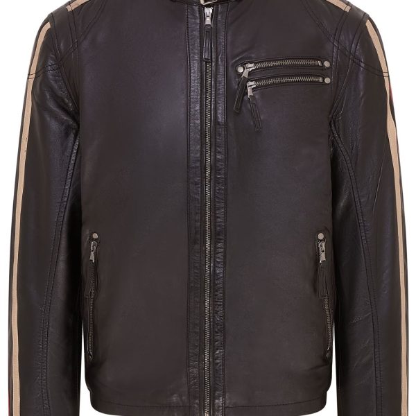 Mens Striped CafÃ© Racer Biker Leather Jacket - Alta