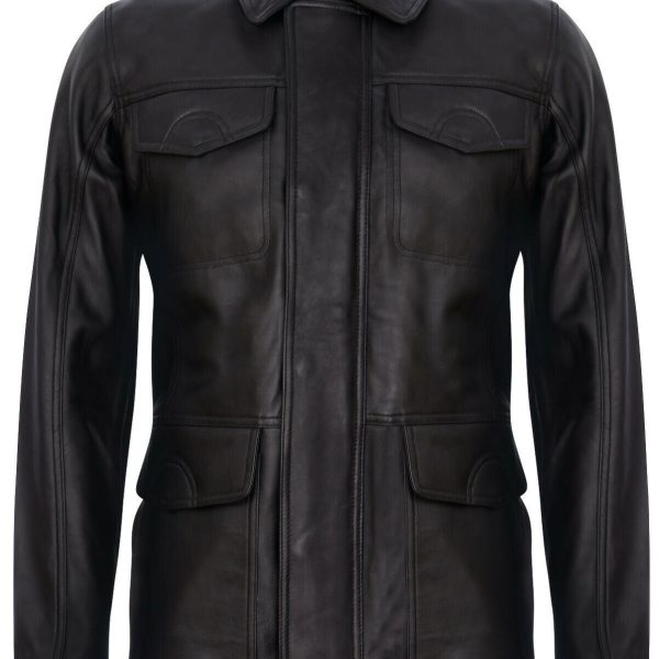 Mens Mid-Length Black Leather Safari Jacket-Fareham