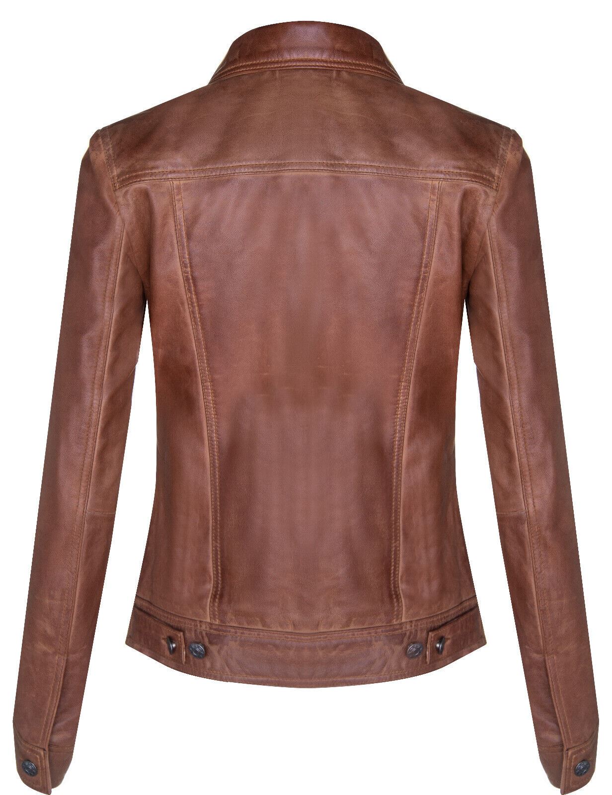 Womens Classic Leather Trucker Jeans Jacket-Nelson - Image 7
