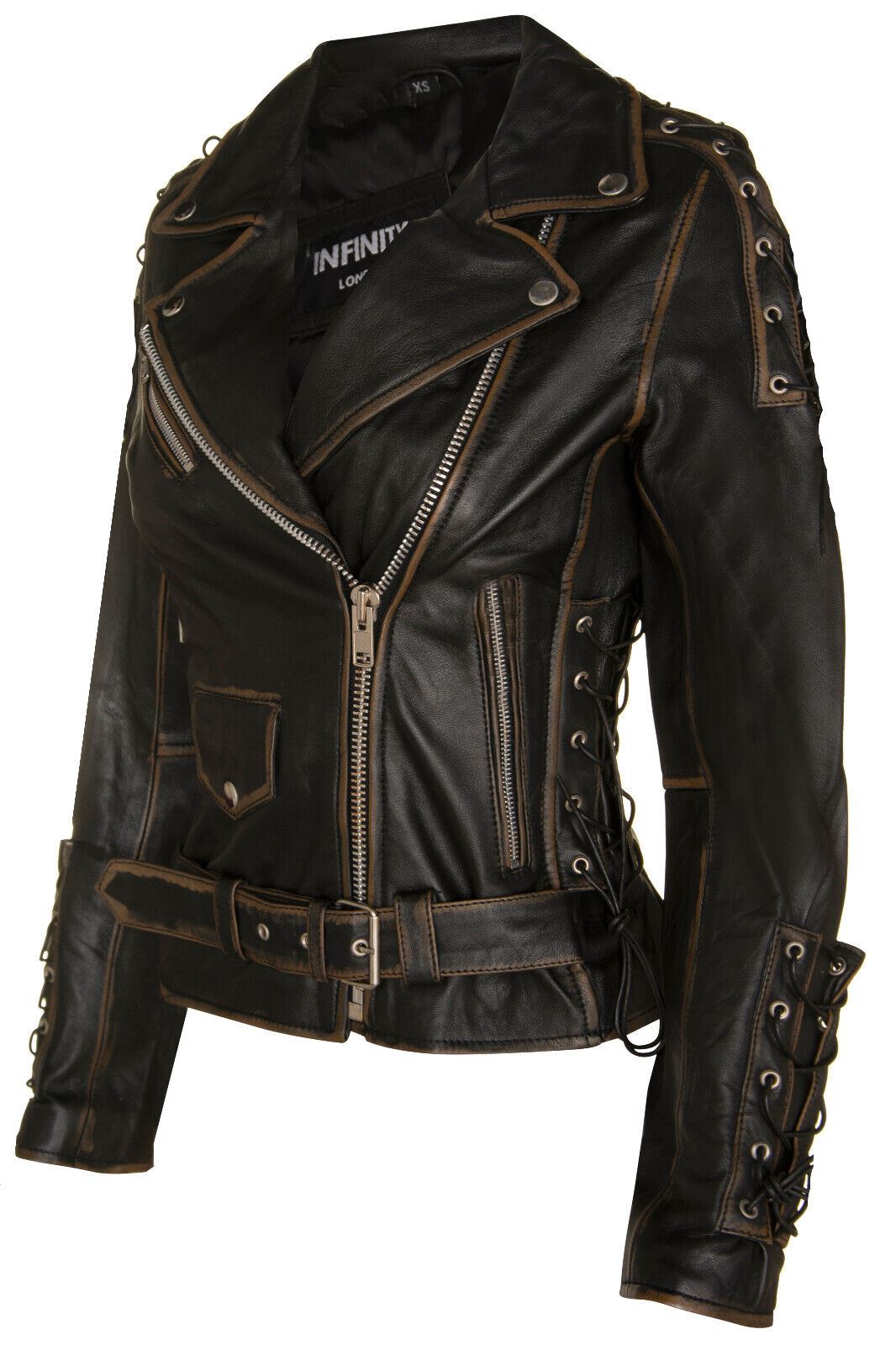 Womens Black Leather Brando Biker Jacket-Havant - Image 3