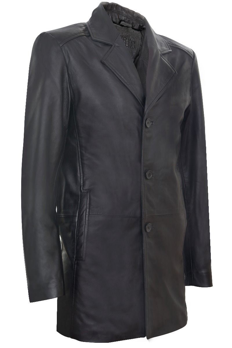 Mens Classic 3/4-Length Black Leather Overcoat-East Ham - Image 2