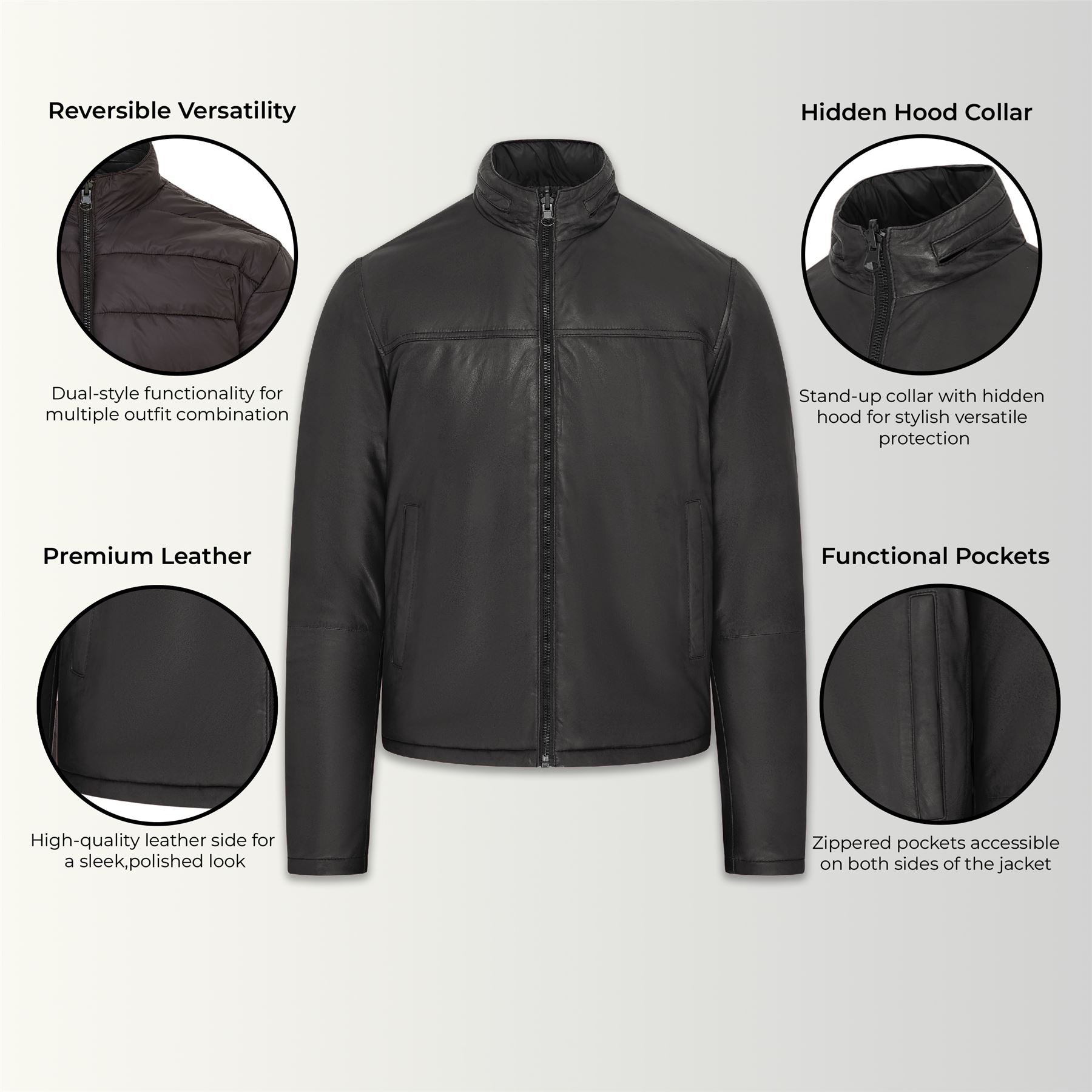 Mens Hooded Reversible Bomber Leather Jacket - Raufoss - Image 11
