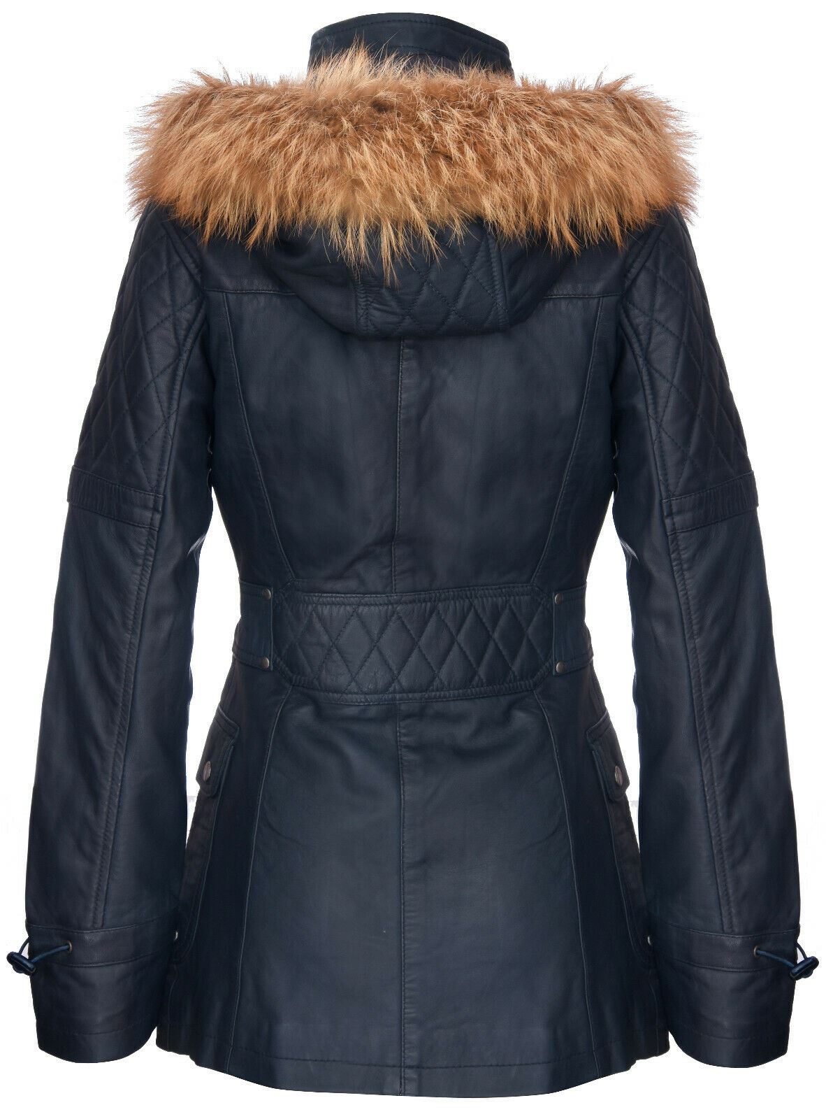 Womens Quilted Leather Hooded Parka Jacket-Northampton - Image 3