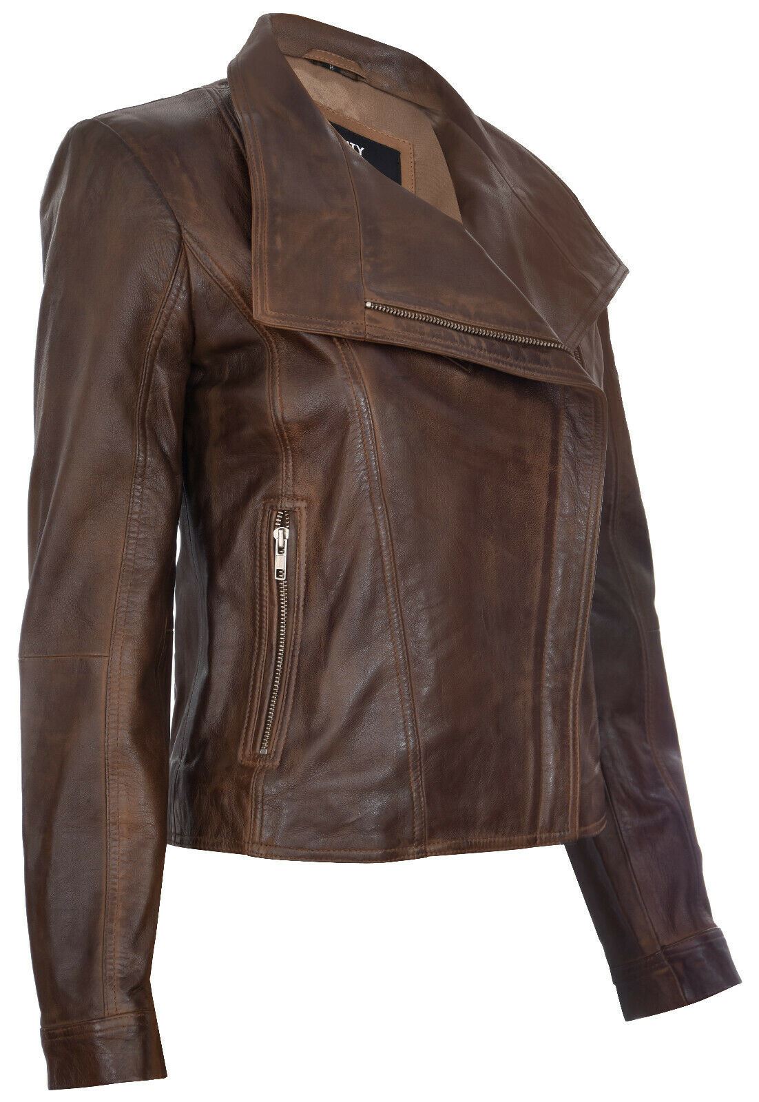 Womens Classic Leather Shawl Wrap Biker Jacket - Morpeth - Image 6