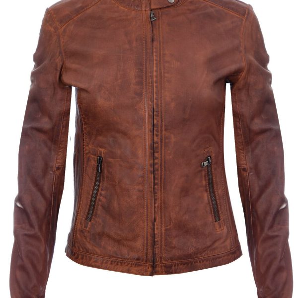 Womens Tan Vintage Leather Biker Jacket-Lydney
