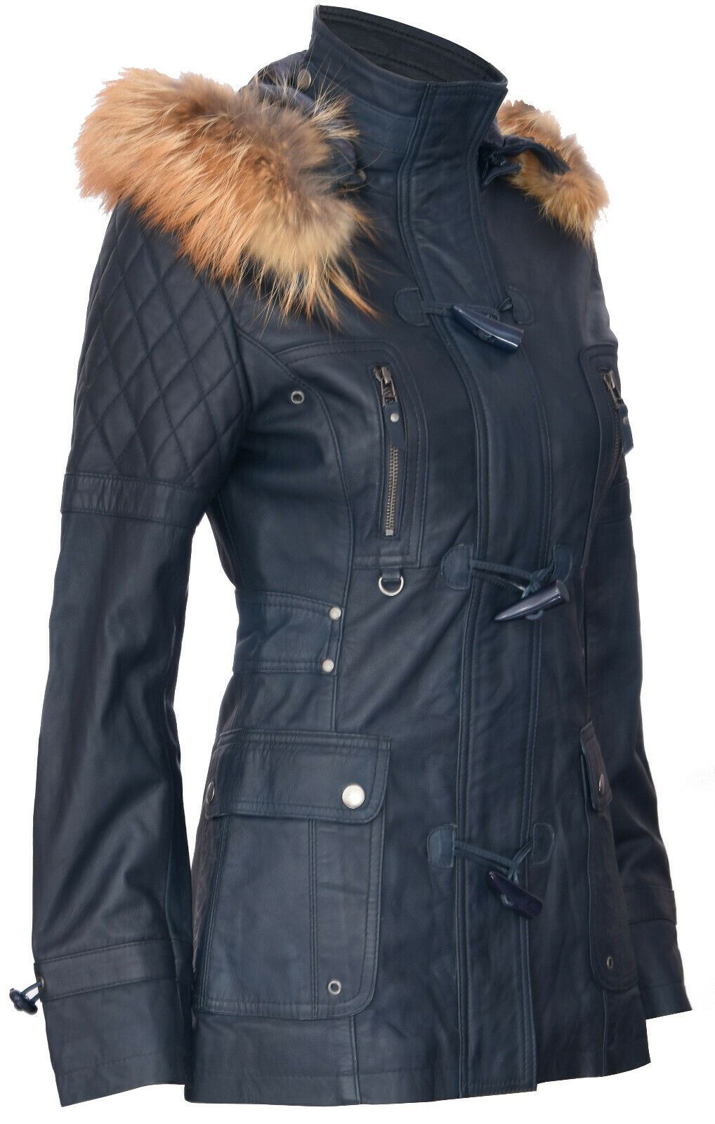 Womens Quilted Leather Hooded Parka Jacket-Northampton - Image 2