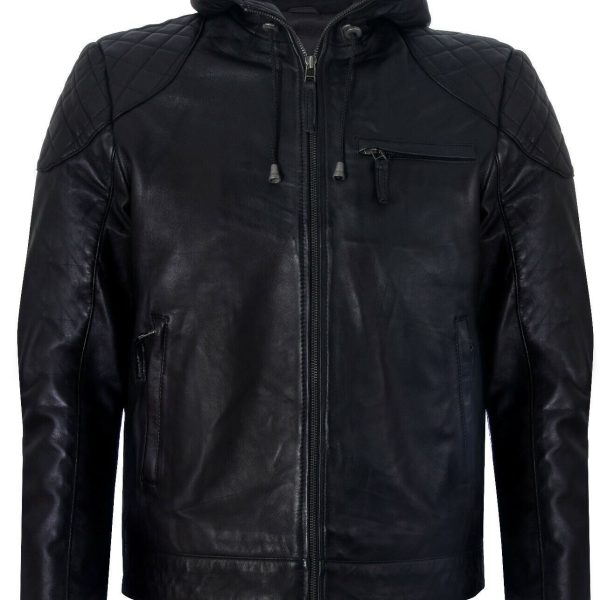 Mens Classic Hooded Leather Bomber Jacket-Chorleywood