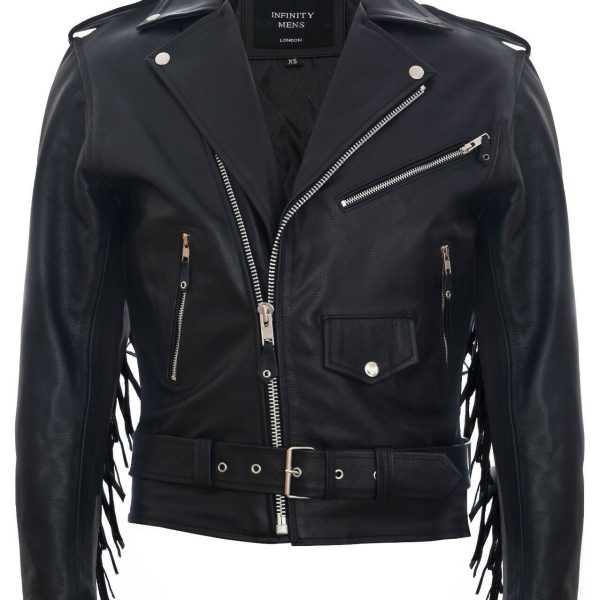 Mens Fringe Hide Leather Biker Jacket- Sevenoaks
