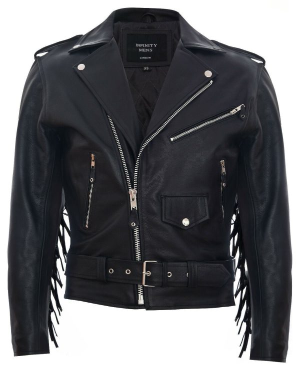Mens Fringe Hide Leather Biker Jacket- Sevenoaks