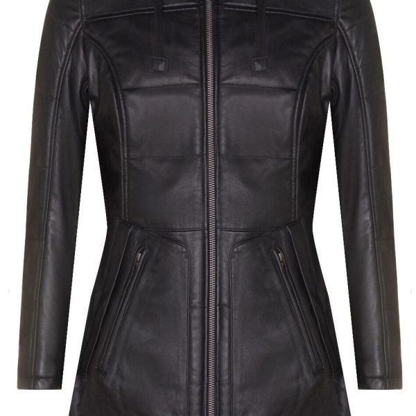 Womens Leather Hooded Quilted Parka Coat-Olney