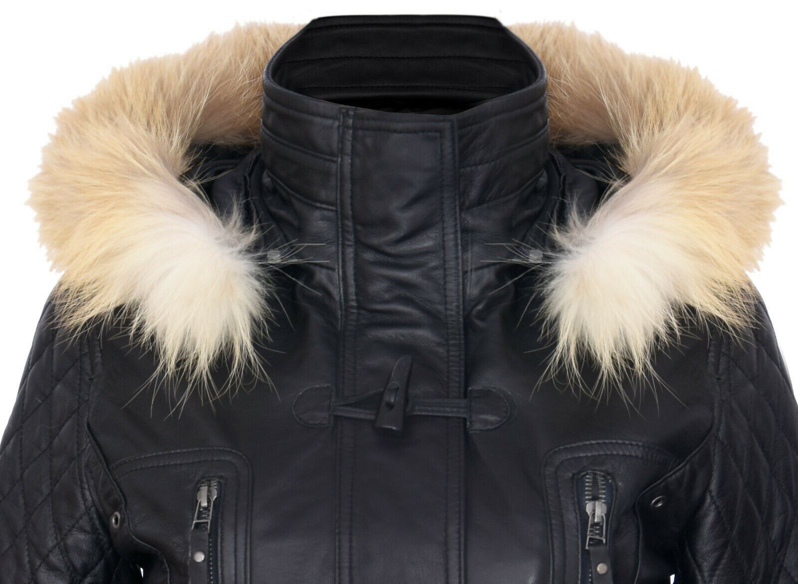 Womens Quilted Leather Hooded Parka Jacket-Northampton - Image 12