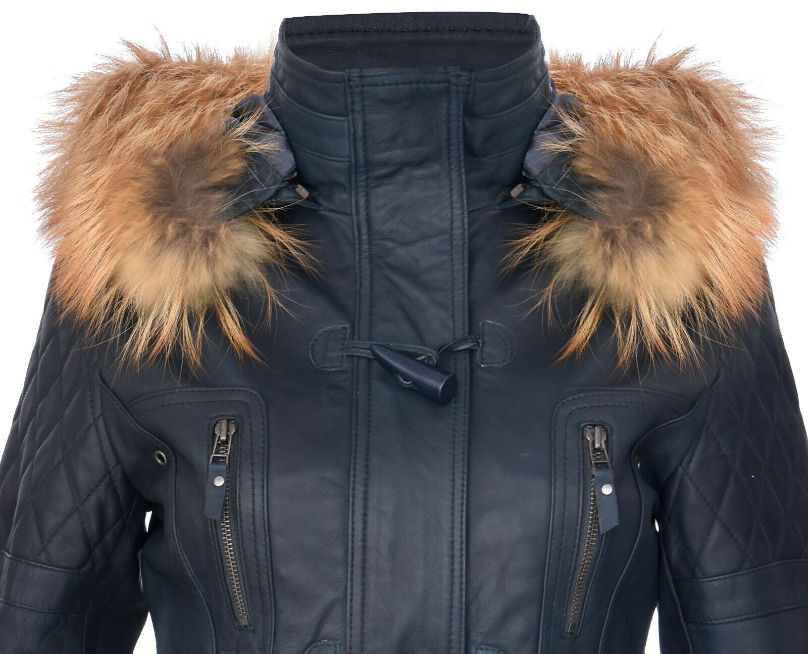 Womens Quilted Leather Hooded Parka Jacket-Northampton - Image 4