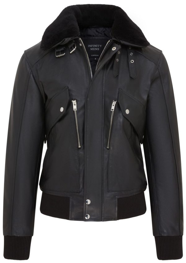 Mens Black Leather Cowhide Aviator Bomber Jacket  - Akhiok