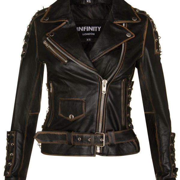 Womens Black Leather Brando Biker Jacket-Havant