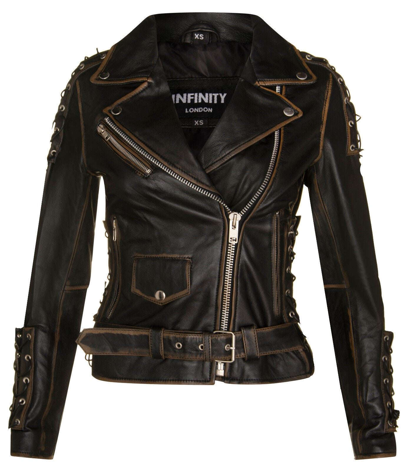 Womens Black Leather Brando Biker Jacket-Havant