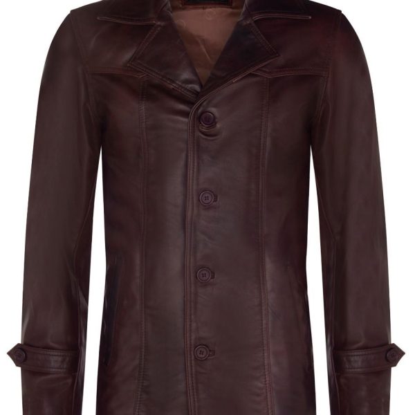 Mens Vintage Trench-Inspired Leather Overcoat-Ealing