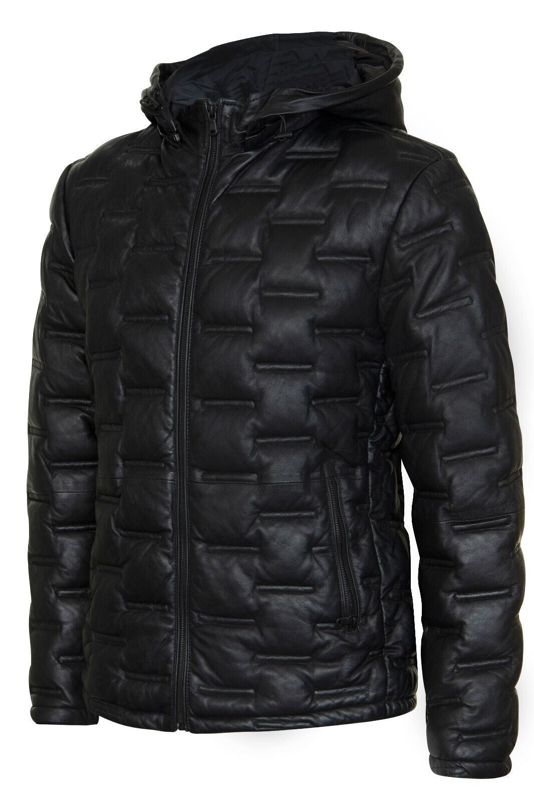 Mens Hooded Puffer Leather Bomber Jacket - Tadley - Image 2
