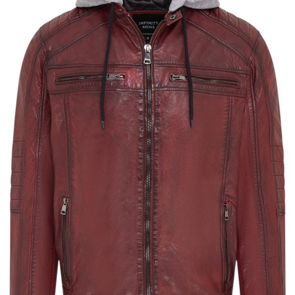 Men's Hooded Biker Lamb Leather Jacket - Burten