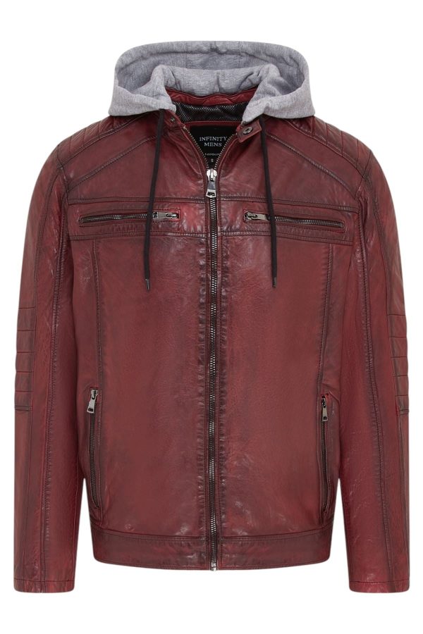 Men's Hooded Biker Lamb Leather Jacket - Burten