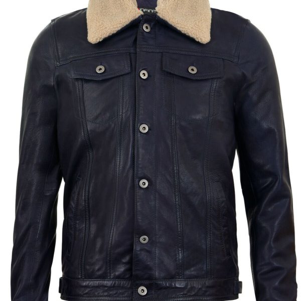 Mens Sheepskin Collar Trucker Leather Jacket-Darlington