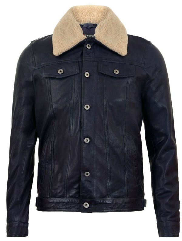 Mens Sheepskin Collar Trucker Leather Jacket-Darlington