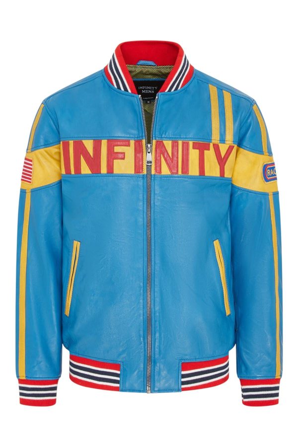 Men's Blue Leather Track Racing Bomber Biker Jacket - Player