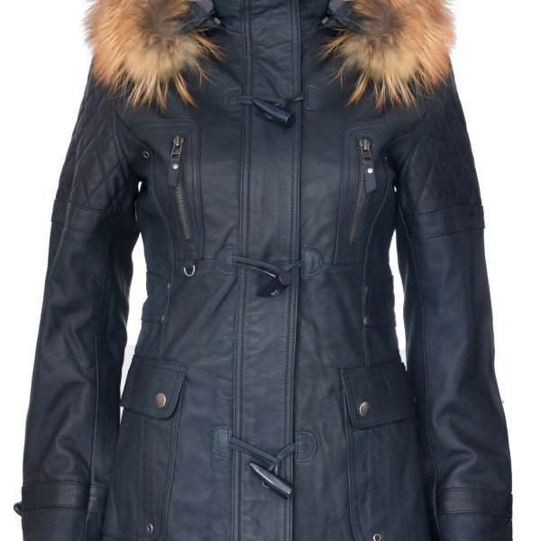 Womens Quilted Leather Hooded Parka Jacket-Northampton