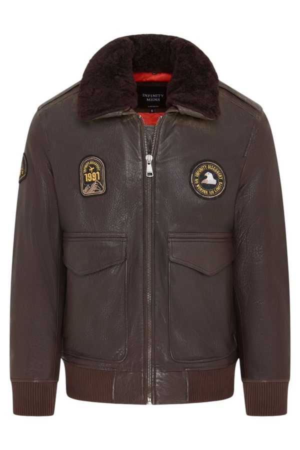 Men's Leather Bomber Sheepskin Collar G-1 Aviator Jacket - Linear