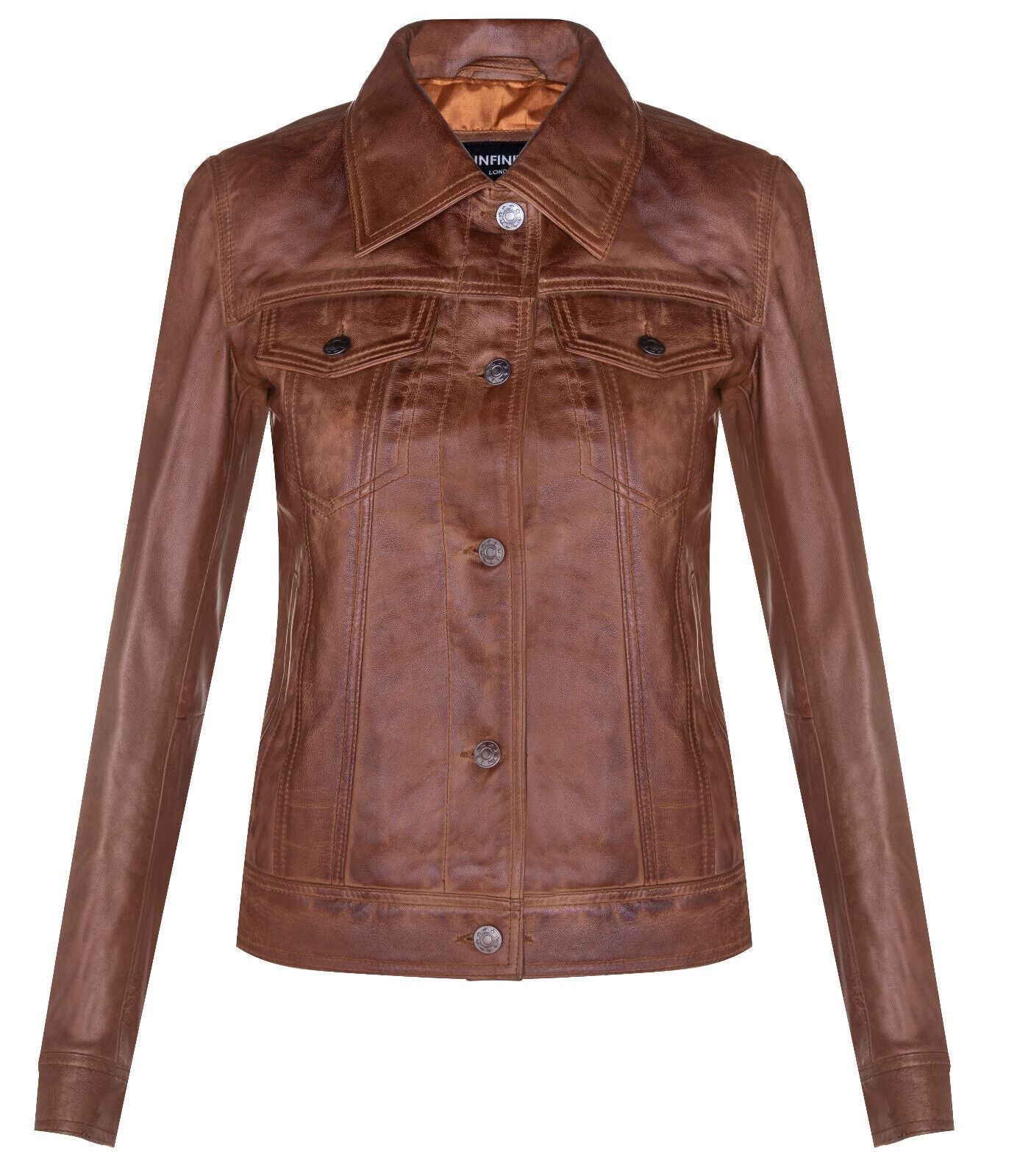 Womens Classic Leather Trucker Jeans Jacket-Nelson - Image 5