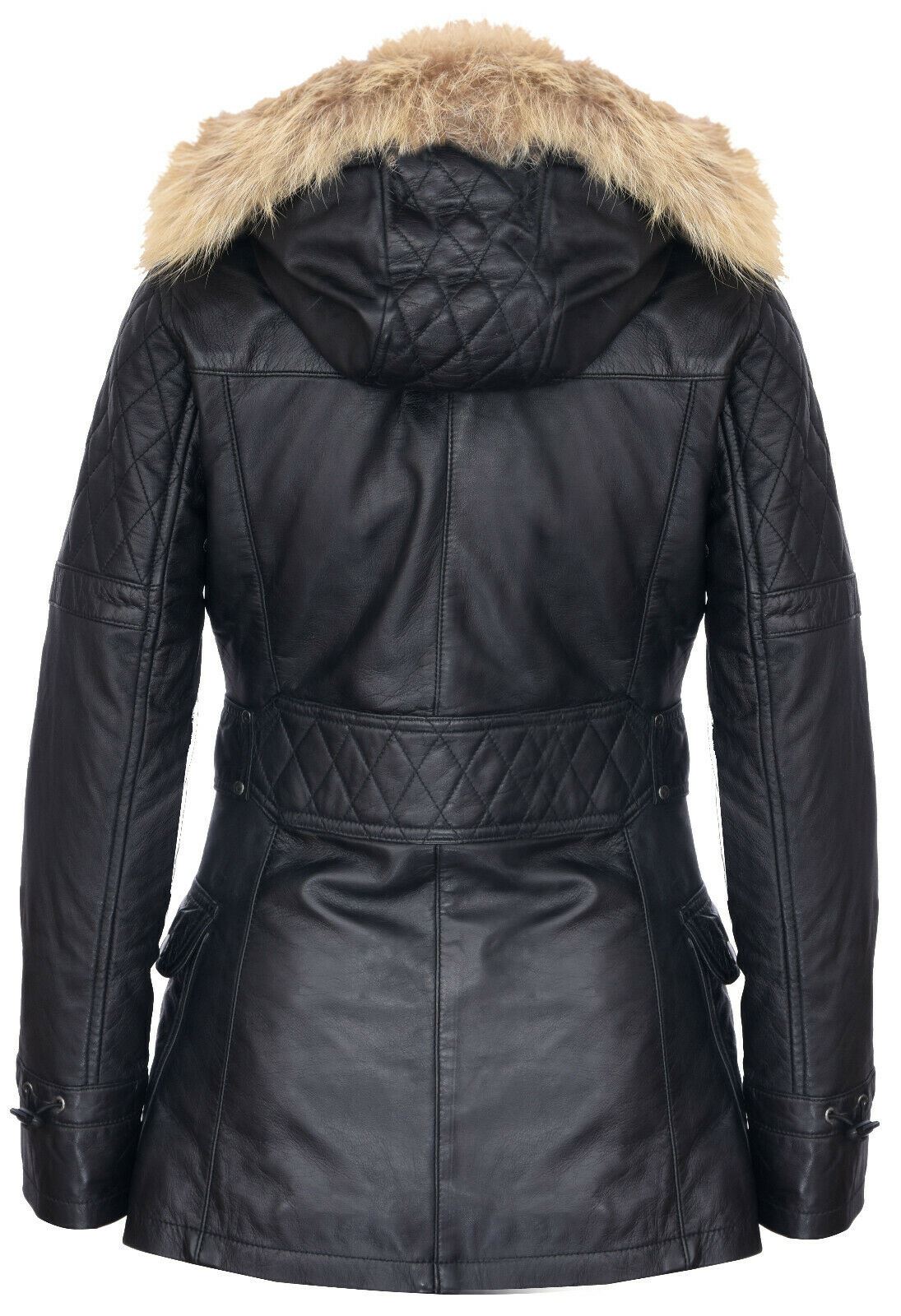 Womens Quilted Leather Hooded Parka Jacket-Northampton - Image 11